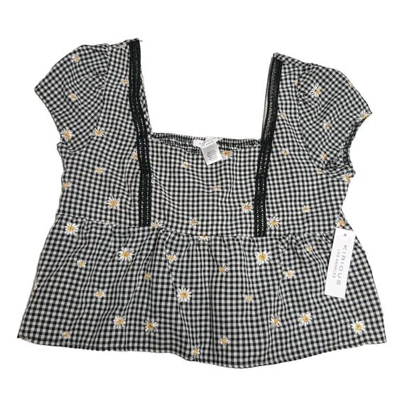 Kirius Los Angeles Top Women Large Plaid And Flowers Short Sleeves Crop Junior L - Picture 1 of 9